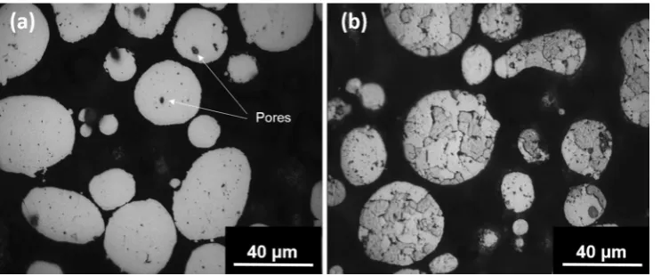 Fig. 6 SEM micrographs of an as-received AA7075 particle in cross section. Secondary electrons (a) and backscattered electrons (b) revealing adissolution of the dendrites after heat treatment