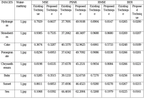 Table 1: Evaluation of MSE, PSNR, RMSE and BER 