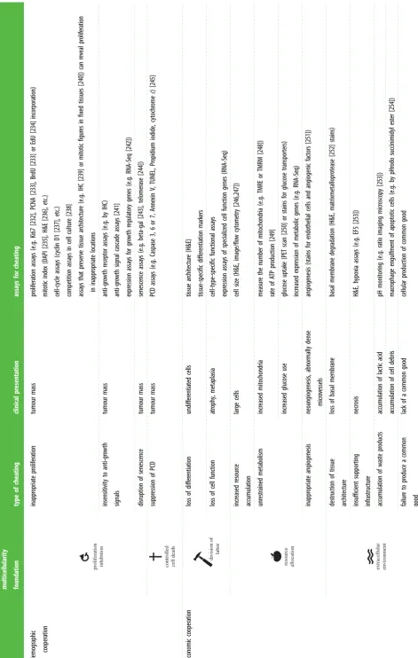 Table 1. Summary of types of cheating on each multicellularity foundation with clinical phenotype and measurable features.