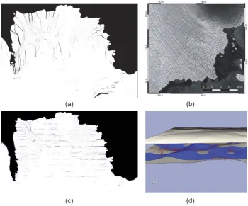 Figure 9. (a) HiDEM simulation of the terminus of Kronebreen, showing transverse crevassesand calved blocks; (b) Same as (a), but with colour coding showing ice velocity in thesimulation from zero (blue) to 10 m s−1 (i.e