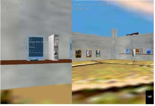 Figure 3 – (a) Snapshot of a proof-of-concept 3-D virtual environment, where the user is typing a textual password on a virtual computer as a part of the user’s 3-D password