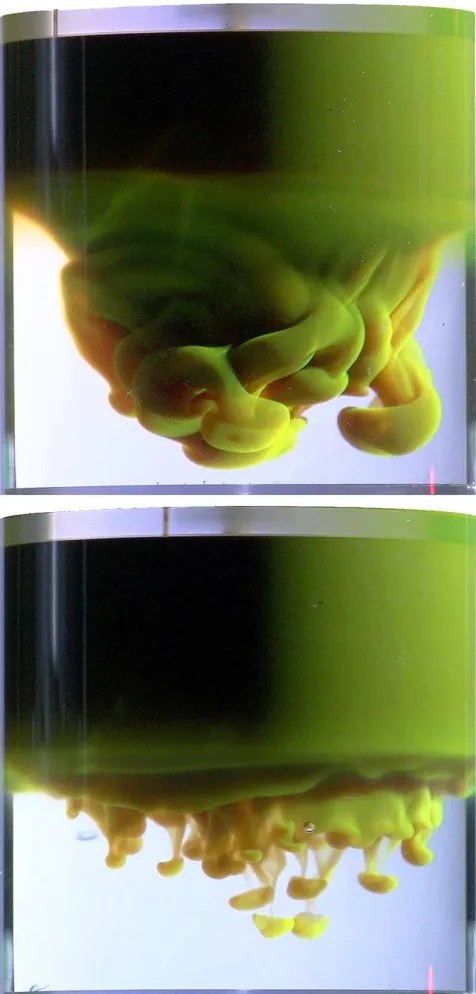 FIG. 1: The upper image, taken of our experiments, isof a magnetically induced Rayleigh-Taylor instabilitytransport of ﬂuid