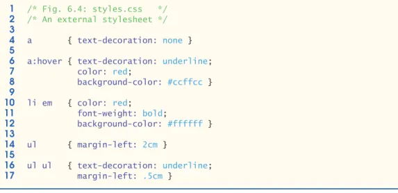 Figure 6.4 presents an external style sheet. Lines 1–2 are CSS comments. Like XHTML comments, CSS comments describe the content of a CSS document