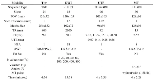 Table 1: MR Imaging parameters for anatomical imaging (T2w), diffusion-weighted imaging (DWI), ultrashort-echo time imaging (UTE), and magnetisation transfer imaging (MT)