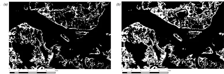 Figure 4.Binary map showing the areas of high-mangrove (white) and no-high-mangrove (black) classiﬁedby the standard SVM (SSVM) frame (a) and the focused SVM with one-vs-one (FOVO) frame (b)