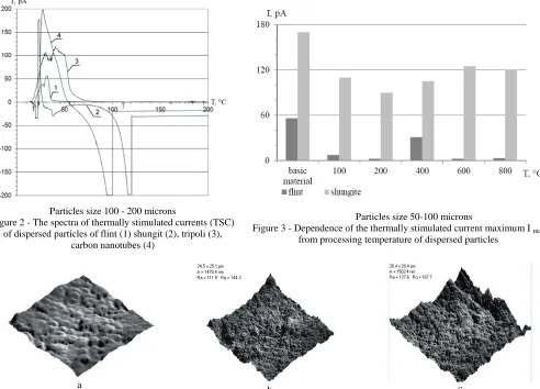 Figure 4 - A typical morphology of the dispersed particles of flint (a), clay (b), shungite (c), subjected to heat treatment in the 250 - 450 °C temperature range 