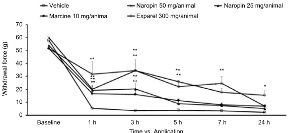 Figure 3 Withdrawal force following treatment with Naropin (ropivacaine solution), Marcaine (bupivacaine solution) and Exparel (bupivacaine liposomal formulation) in an SI model in the pig.Notes: The duration of activity of Naropin and Exparel was longer t