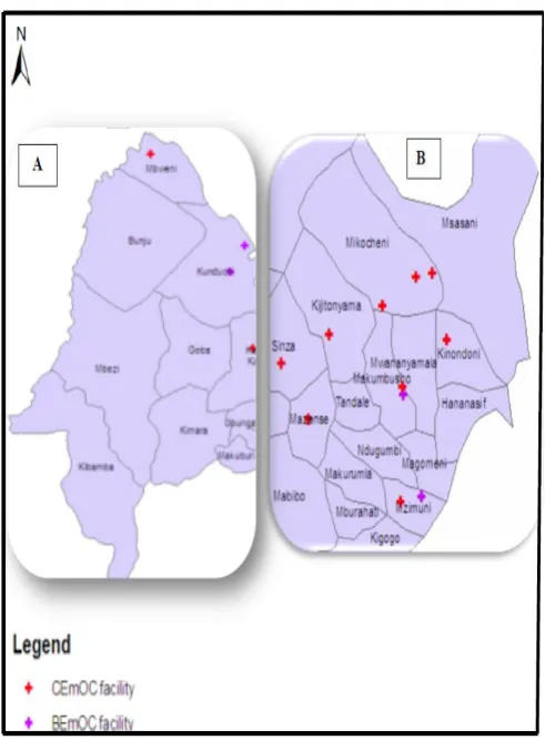 Figure 4.1:  Population and EmOCs distribution in Kisarawe District  