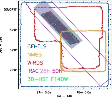 Figure 2. Coverage map of the diﬀerent data sets used in this work. The dark ﬁlled area shows the coverage of theband from CANDELS, which has been adopted as the detection band