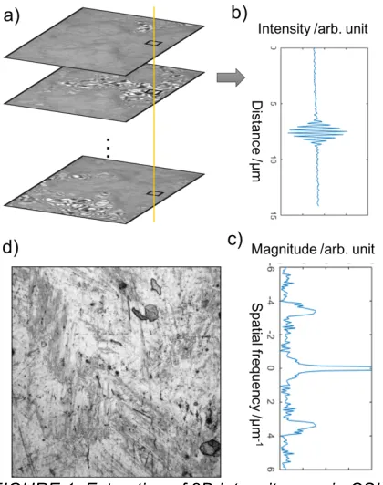 FIGURE 1. Extraction of 2D intensity map in CSI. a) Interferometirc image stack in CSI; b) interference signal recorded by a pixel; c) the Fourier transform of the signal, where the low frequency part corresponds to the intensity map; d) the extracted inte