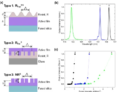 Figure 3. DFB lasers based on poly-COPV1. (a) Schemes of DFB laser types fabricated (from top to bottom): Type 1: RTopNS, top-layer resist resonator with single period (not substructured); Type 2: RBelS, substructured grating imprinted in resist layer loca