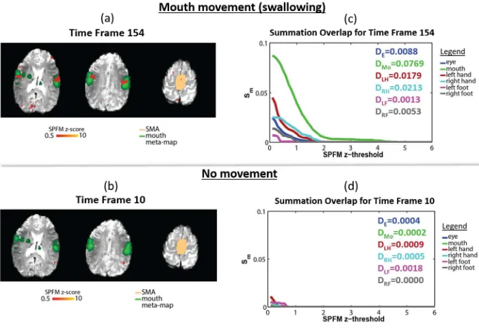 Figure 2: (a) Example SPFM maps for Subject 1 produced at time frame 154 of the short task RUN1 during a For Peer Reviewthe short task RUN1 (no movement expected or detected by EMG)