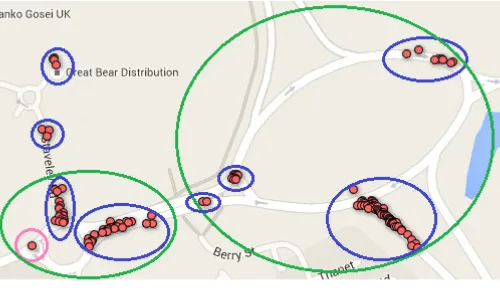 Fig. 1.Examples of possible hot spot clusters. Clusters indicated in bluerepresent good candidate solutions