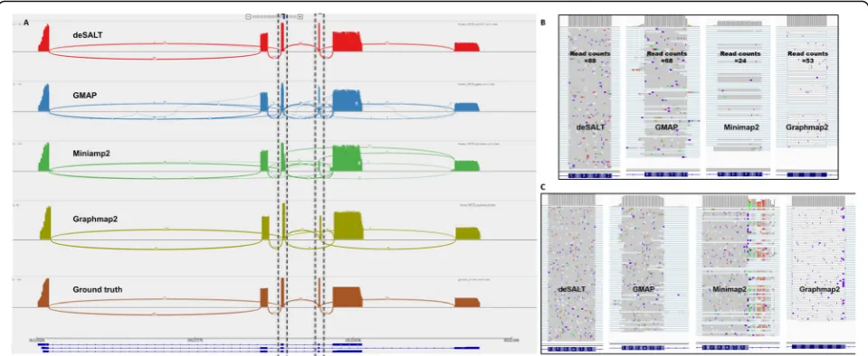 Fig. 3 An example of the alignments of simulated reads by various aligners This figure represents the snapshots of the alignments of the readsall of the 88 reads spanning this exon; however, the corresponding numbers for GMAP (68), Minimap2 (24), and Graph