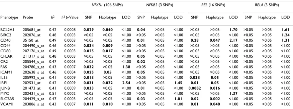 Table 1: Heritability (h2), association testing (minimum p-values of SNP and haplotype association test), and linkage analysis (maximum LOD scores)a