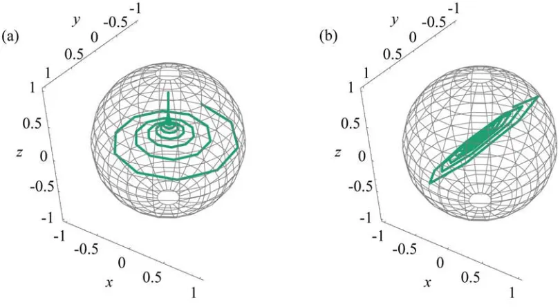 Figure 1.1: Bloch equation simulation showing magnetization trajectories on a Bloch sphere.These simulations include the e�ects of relaxation.(a) �1 = 10�2 with an o�set �eld of10 Hz, no rf �eld, and with magnetization initially along the �-axis