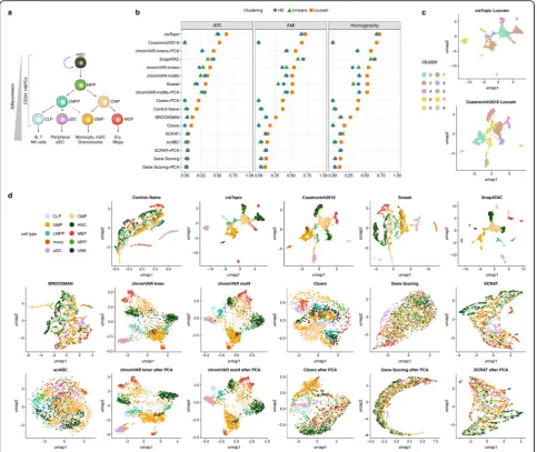Fig. 4 Benchmarking results using thepairings of scATAC-seq analysis method and clustering technique