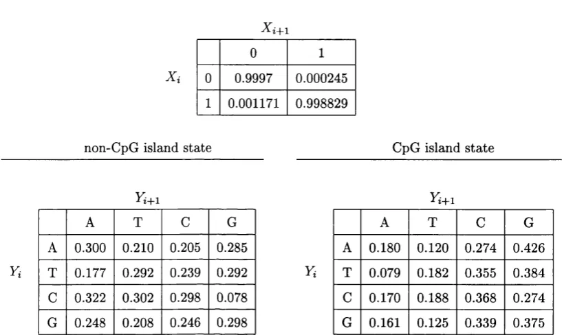 Table 6.1: The transition probabilities of the CpG island model.