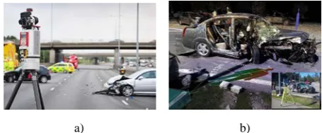 Fig. 5 Computer Graphics Animation results from a CAD software using dynamics simulation to determine the motion of objects in an accident; a) what the perpetrator described, b) what the software simulate based on evidence and marks on the vehicle