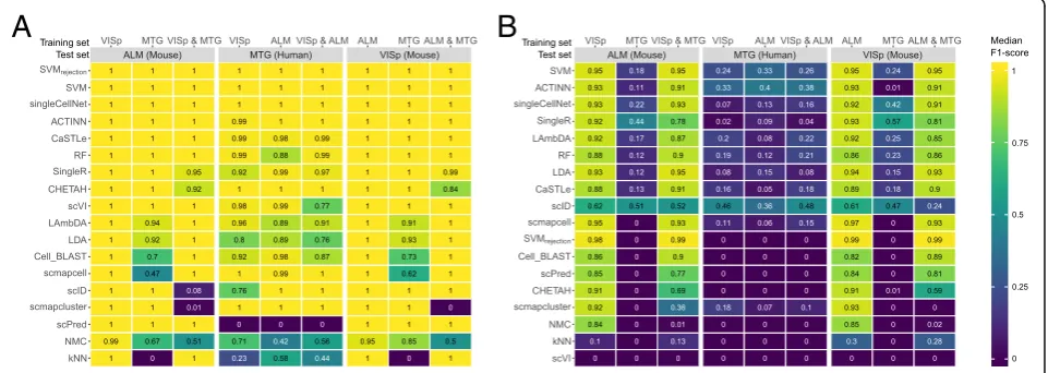 Fig. 4 Classification performance across brain datasets. Heatmaps show the median F1-scores of the supervised classifiers when tested on amajor lineage annotation with three cell populations and b deeper level of annotation with 34 cell populations