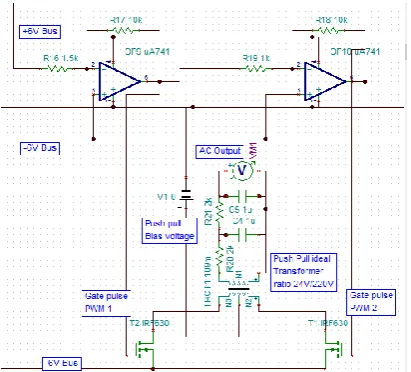 Fig. 11 Schematic of Half bridge MOSFET with  push pull transformer by TINA  