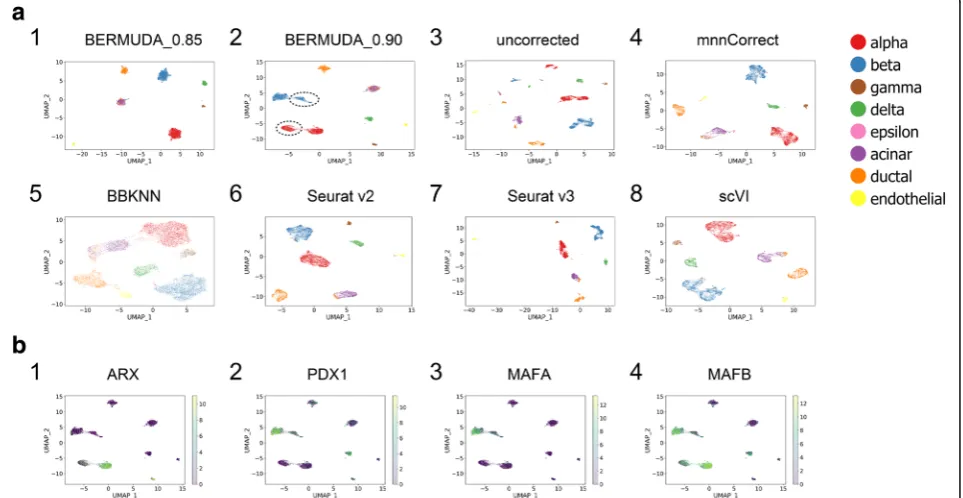 Fig. 3 Removing batch effects in scRNA-seq data of pancreas cells. a UMAP visualizations of batch effect removal results for Experiment all onpancreas dataset