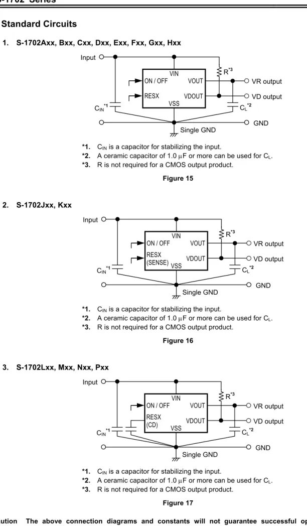 Figure 15  2.  S-1702Jxx, Kxx  VIN  VOUT VDOUT VSSRESX (SENSE)ON / OFF VR outputVD output Single GND GNDInputCL*2CIN*1R*3