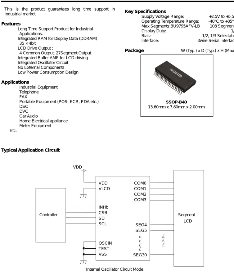 Figure 1.    Typical application circuit Controller VDDVLCDINHbCSBSDSCL  OSCINTESTVSSCOM0COM1COM2COM3SEG4SEG5 Segment LCD VDD SEG30・・・・・・・