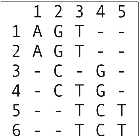 Fig. 6 Alignment matrix. Here, the alphabet of possible alleles is theset of DNA nucleotides, i.e., � = {A, C, G, T}