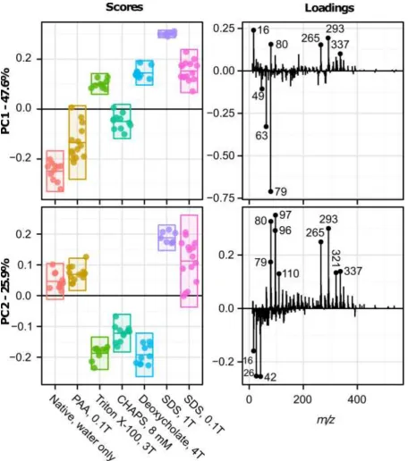 Figure 3: Principal component analysis (PCA) of negative ion spectra of UBM samples. Scores (left) and 
