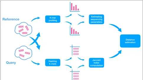 Fig. 1 Overview of Skmer pipeline. For both query and reference genome skims, first, the k-mer frequency profiles are used to estimate thesequencing error and coverage (top)