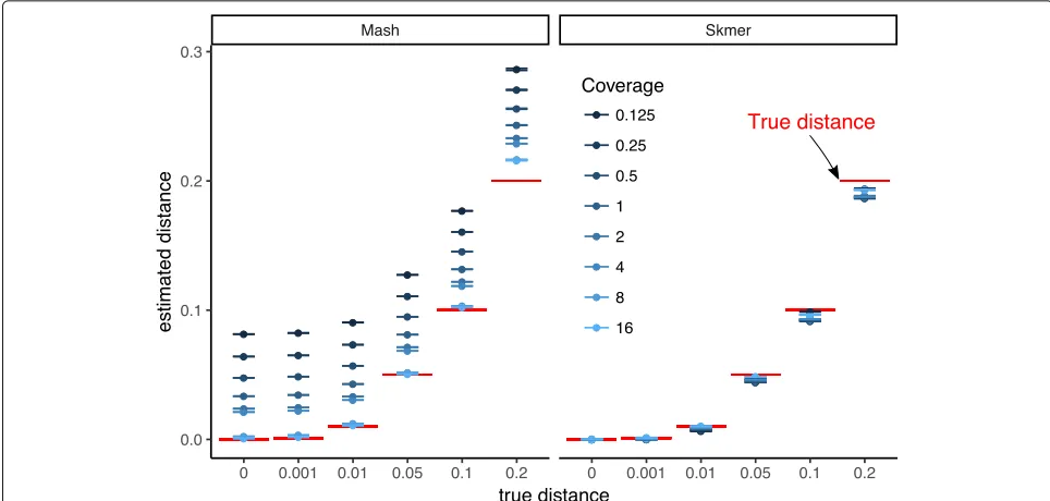 Fig. 2 Comparing the accuracy of Mash and Skmer on simulated genomes. Genome skims are simulated using ART with read length16 ℓ = 100.Substitutions applied to the assembly of C