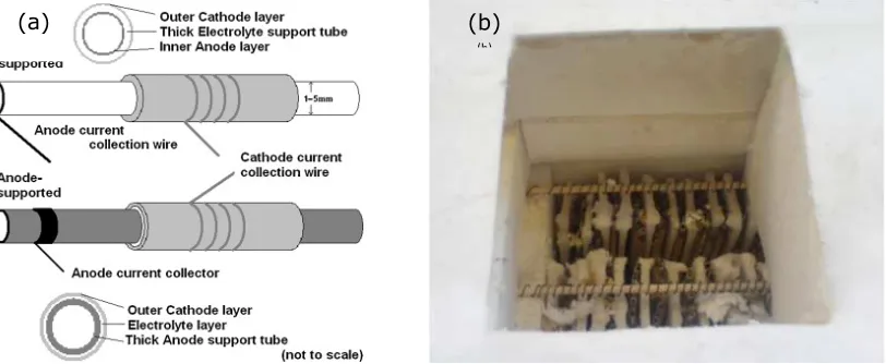 Figure 1.2. (a) basic SOFC micro-tubular designs (Howe, et al, 2011), and (b) a 100 tube SOFC stack