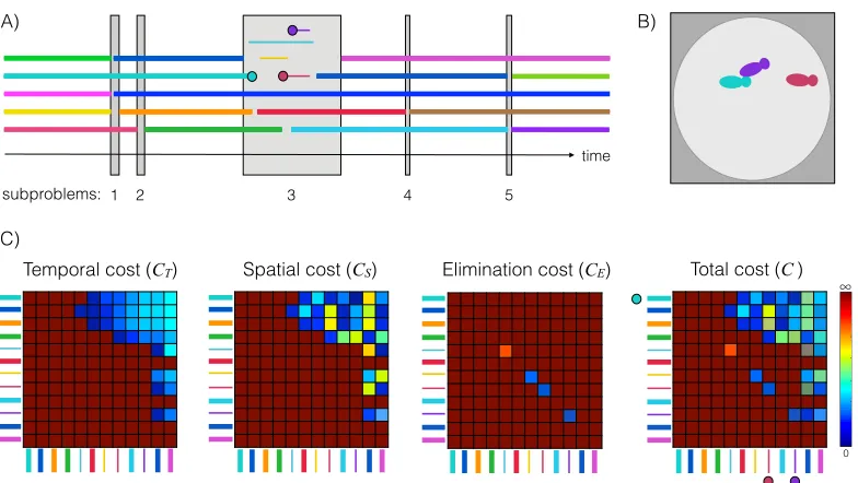 Figure 2.10: A) Tracklets arranged greedily. Overlapping gaps deﬁne a subproblem.Note that only tracklets whose boundaries overlap with the subproblem windowbelong to that subproblem