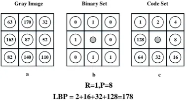 Fig. 4. The calculation process of a square LBP operator  with 8 neighbourhoods and 1 radius  