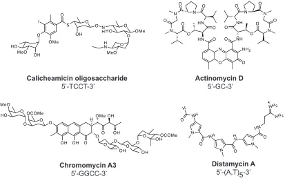 Figure I.3. Chemical structures of DNA-binding natural products.  Structures of calicheamicin oligosaccha-ride, actinomycin D, chromomycin A, and distamycin A are shown with targeted DNA sequences