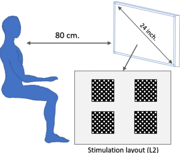 Figure 2.6: Acquisition setup: the flickering stimuli layouts (layout L2 in the figure, featuring four checkerboards) are presented on a 24-inches LED screen