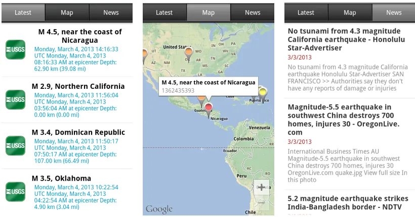 Figure 3.3: CrowdShake, a free Android app, allows volunteers to join the CSN network, contributedata, and access daily information about earthquakes worldwide.