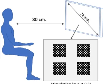 Fig. 3. Acquisition setup: the flickering stimuli layouts (layout L2 in the figure, featuring four checkerboards) are presented on a 24-inches LED screen