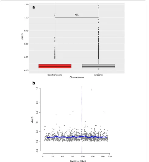 Fig. 6 The ratios of non-synonymous to synonymous substitutions dN/dS a do not differ between sex chromosomes (red) and autosomes and bshow no special pattern around the sex-determining region (the horizontal blue line shows the average dN/dS ratio of a sl