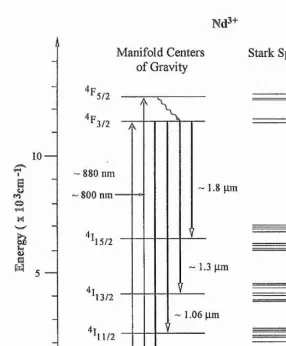 Fig. 2.2.1. Energy level diagram of The laser transitions are shown in heavy lines, diode pump transitions in light lines, and relaxations in wavy lines