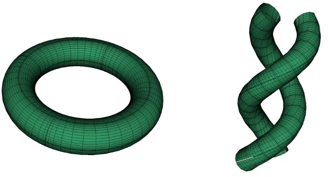 Figure 3.1: Non-overlapping patches on toroidal (left) and “double-helix” (right)scattering surfaces.Each patch shown is obtained by evaluating the respectiveparametrizations at the set of Chebyshev points adequately translated and scaledfrom the unit square [−1, 1]2.