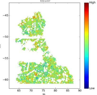 Figure 10. Galaxy environment maps derived from photometric redshifts in a slice at redshift 0.52 < z < 0.70 for a ≈100 sq deg footprint overlapping withthe SPT-E ﬁeld derived from the DES SV data