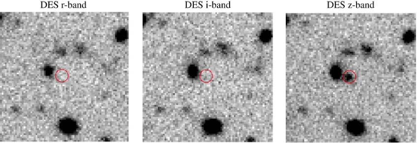 Figure 11. DESgalaxy position is marked by the red circle in all three images. As can be seen, this high-redshift galaxy is undetected in the DES r-, i- and z-band images in the DES deep ﬁelds for a spectroscopically conﬁrmed galaxy at z = 6.07 galaxy from