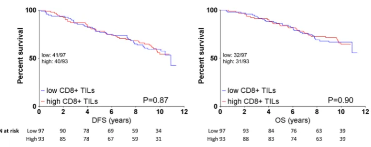 Fig. 2  The general prognostic effect of CD8-positive TILs on either DFS (left) or OS (right) for all (ER-positive) patients using Kaplan–Meier survival analysis