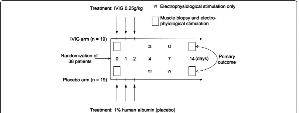 Figure 1 Study timeline. Patients with multiple (≥2) organ failure and a diagnosis of SIRS/sepsis were randomized to be treated either withintravenous immunoglobulins (IVIG) or human albumin (placebo) for three consecutive days