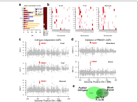 Fig. 5 Tensorial ICA identifies components enriched for mQTLs in an EWAS of purified cell types.Venn diagram showing the overlap of mQTLs derived from the ICs in the purified cell-type EWAS with those derived from the blood-buccal EWAS.The odds ratio (OR) 