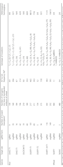 Table 1 Mutation frequencies induced by PABE-7 in the T0 rice and wheat plants