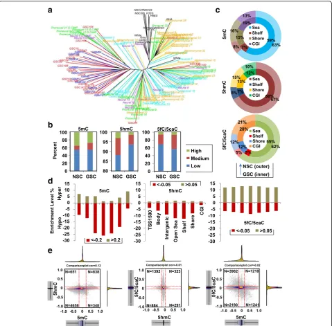 Fig. 4 Differential distribution of DNA marks between GSC and NSC. a Phyloepigenetic evolutionary tree demonstrating the progression andrelationship of the DNA methylation landscape from normal tissues/cell lines, to primary tumors, and GSCs isolated from 